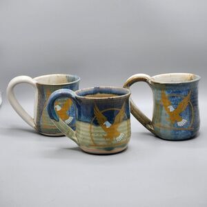 Studio Pottery Mug Thumb Rest Blue brown Drip Glaze Signed Eagle Lot Of 3